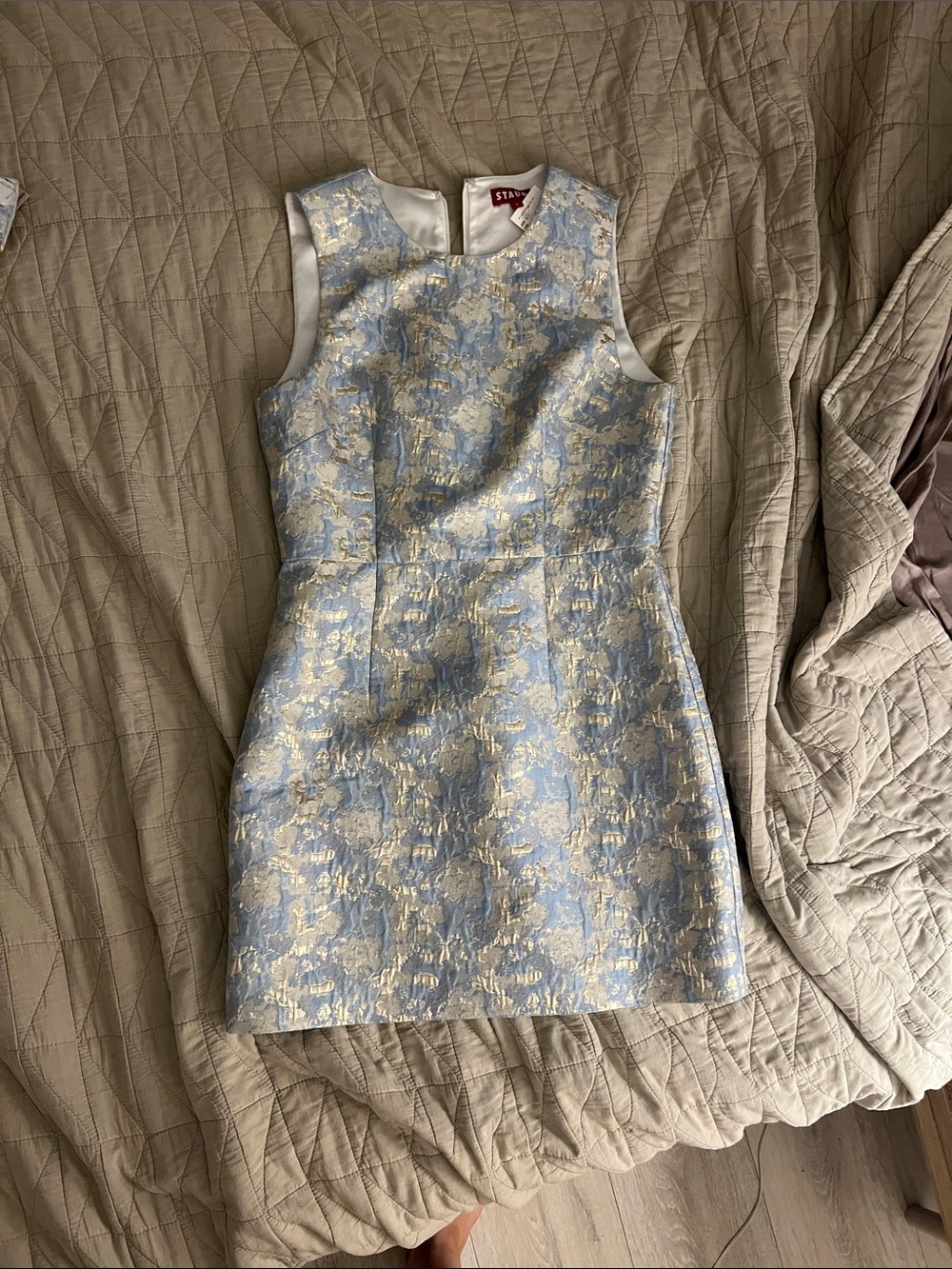 STAUD Pale Blue and Gold Brocade Mini Dress